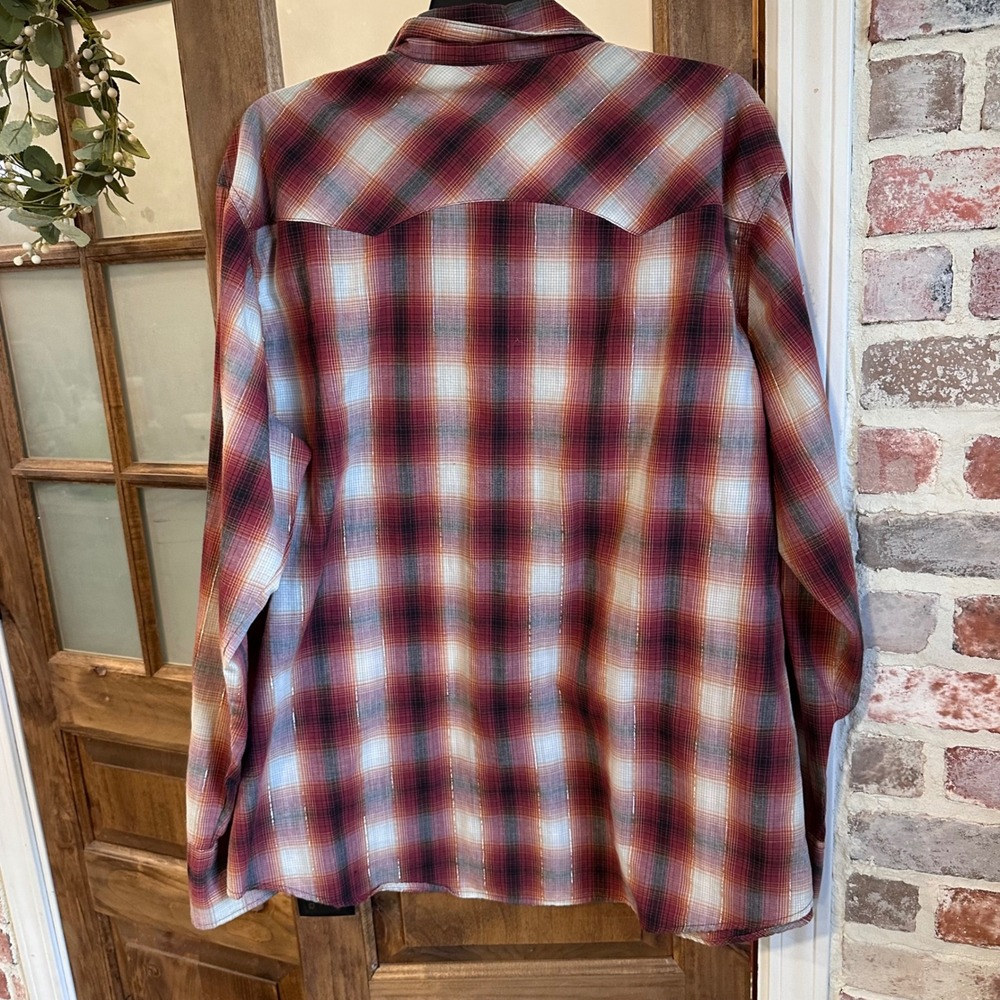 Wrangler Western Pearl Snap Shirt Women XXL Red Plaid Lurex Shimmer L/S READ - Picture 7 of 8